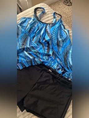 Blue Patterned Tankini Top with Black Swim Shorts